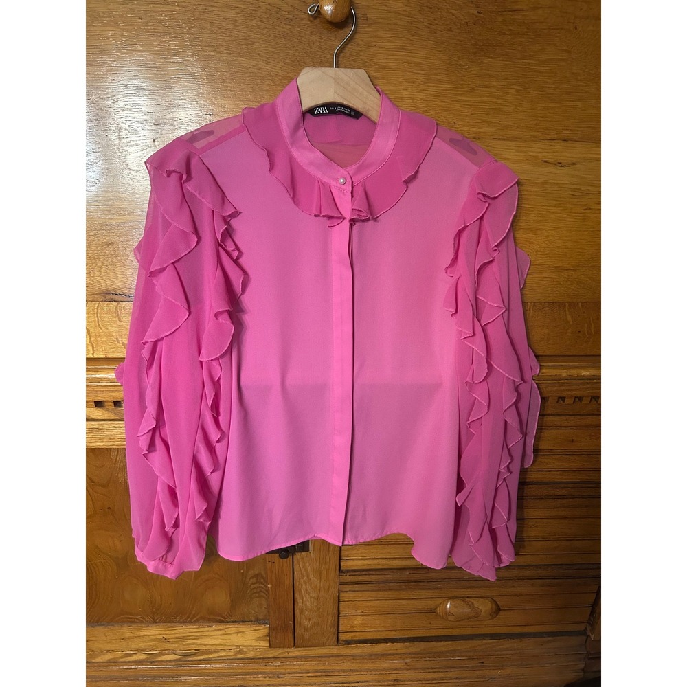 Zara Coquette Barbiecore Pink Ruffle Sleeve Blouse Chiffon Button Down Top